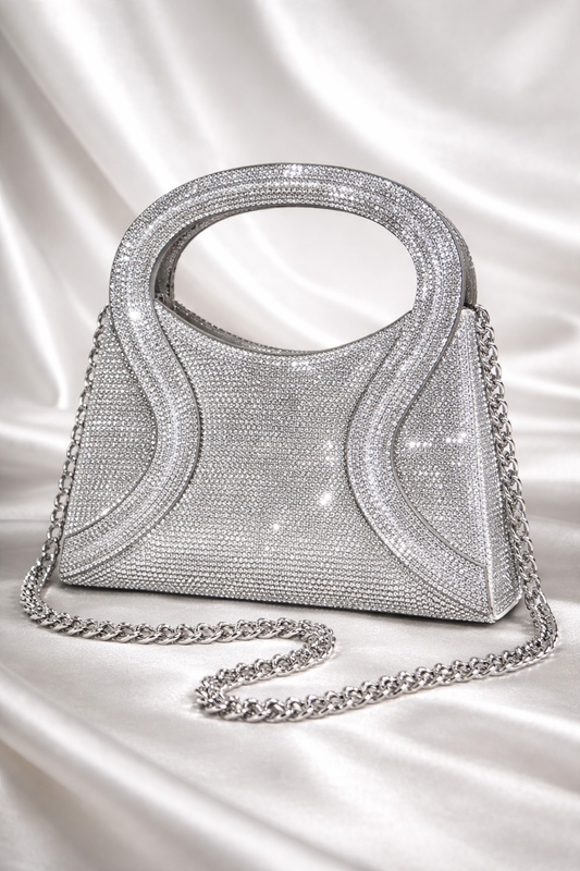 Eshal Sculpted Crystal Top-Handle Bag – Luxury Wave-Patterned Bridal Clutch with Chain (Gold & Silver)