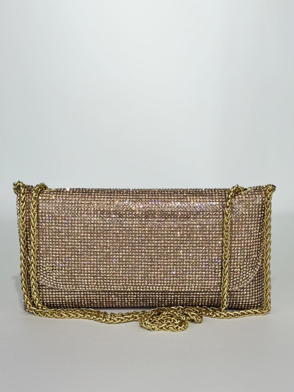 Rina Multi-Faceted Crystal Bridal Clutch – Luxury Triple-Tone Wedding Handbag in Gold, Silver & Rose Gold