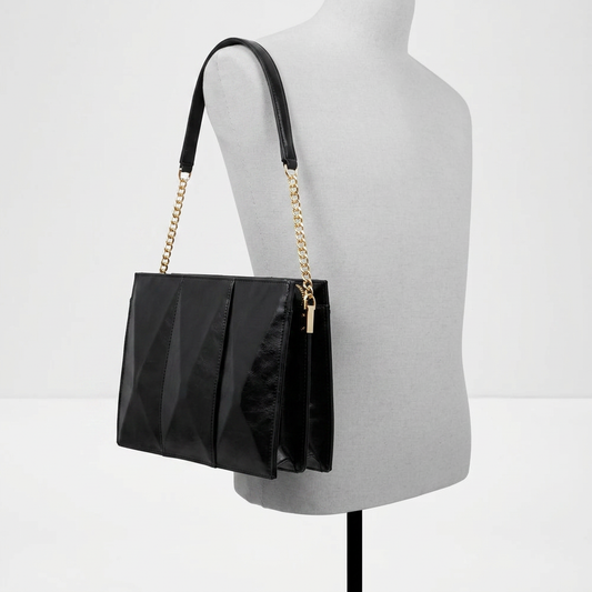 Geometric Panel Tote Bag in Black — shoulder fit