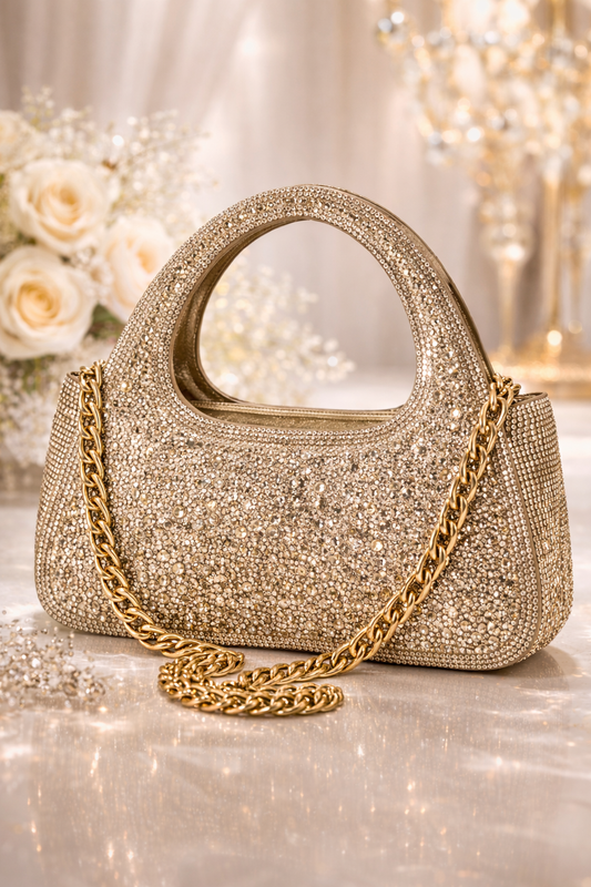 Anaya Bridal Crystal Handbag – Premium Gold Embellished Wedding Clutch with Chain