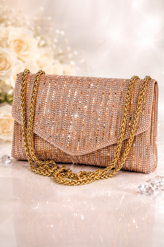 Eira Striped Crystal Envelope Clutch – Luxury Wedding Party Bag with Dual Chain (Rose Gold & Silver)