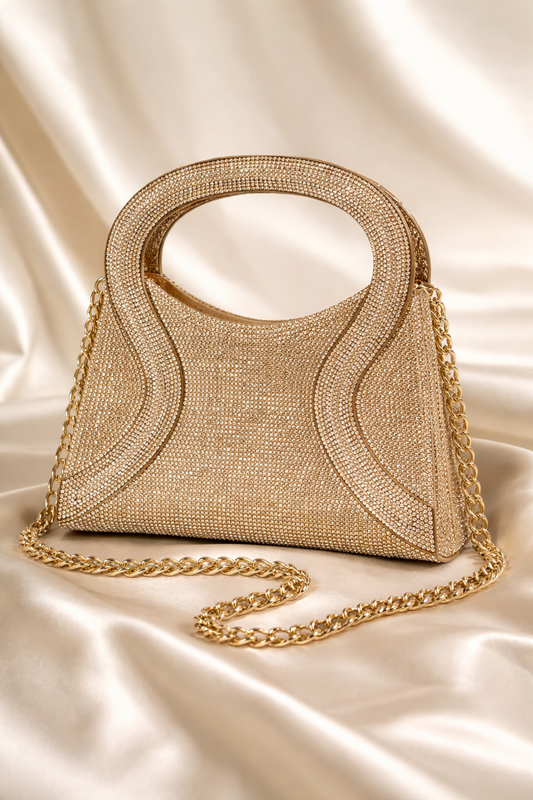 Eshal Sculpted Crystal Top-Handle Bag – Luxury Wave-Patterned Bridal Clutch with Chain (Gold & Silver)