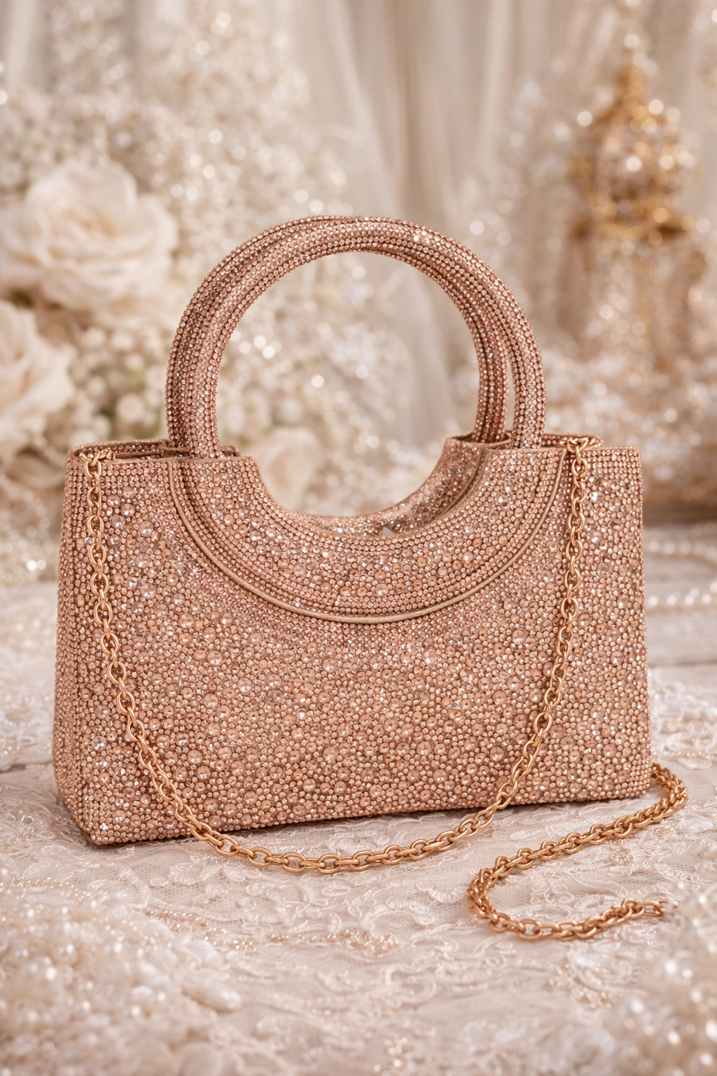 Rose Gold Beaded Box Clutch product view