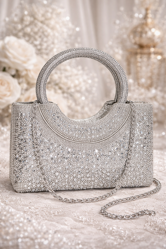 Mira Beaded Box Clutch – Luxury Metallic Handheld Wedding Bag in Gold, Silver & Rose Gold