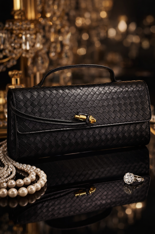 Noor Weave – Premium Woven Formal Clutch with Gold Knot Clasp (Available in 5 Colors)