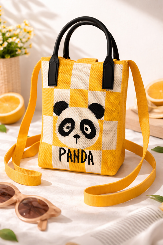 Panda Pop Checkered Knit Pouch – Casual Crossbody Mini Tote with Top Handles (Available in 4 Colors)