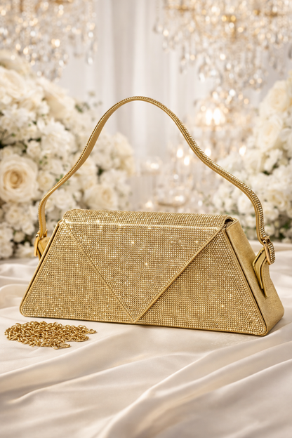 Reema Heavily Encrusted Bridal Crystal Handbag – Luxury Wedding Clutch with Chain in Gold & Silver
