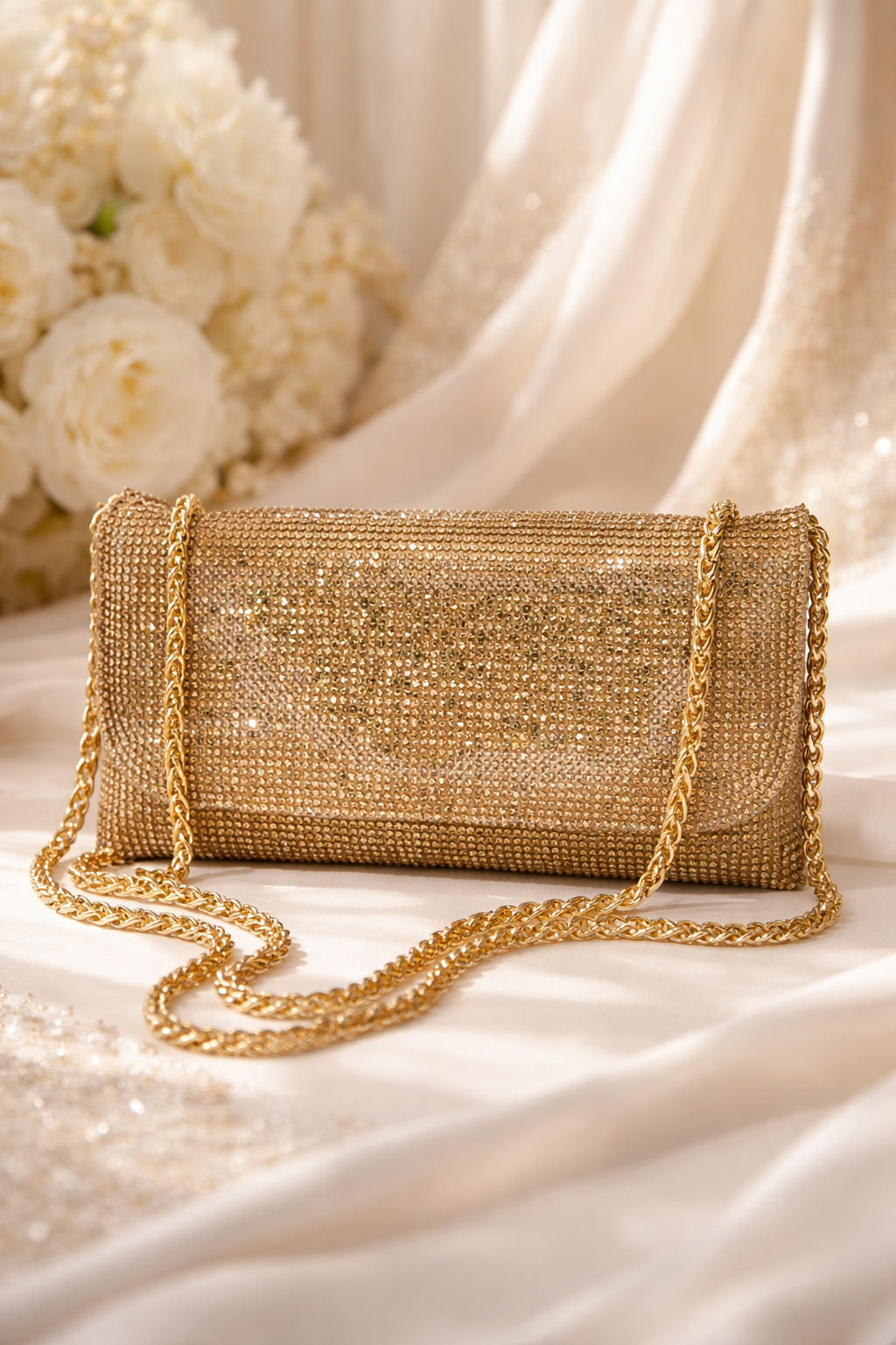 Rina Multi-Faceted Crystal Bridal Clutch – Luxury Triple-Tone Wedding Handbag in Gold, Silver & Rose Gold