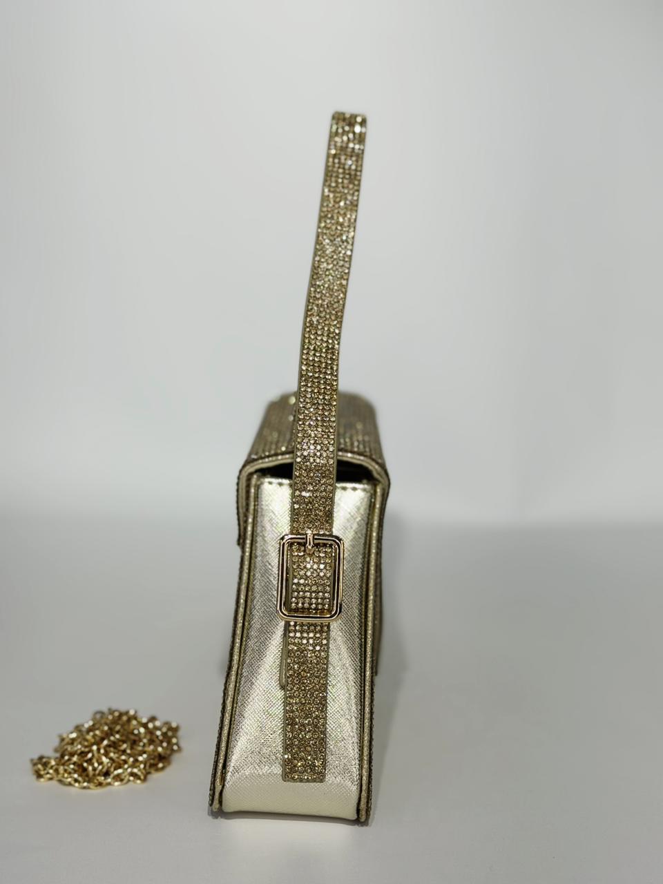 Reema Heavily Encrusted Bridal Crystal Handbag – Luxury Wedding Clutch with Chain in Gold & Silver