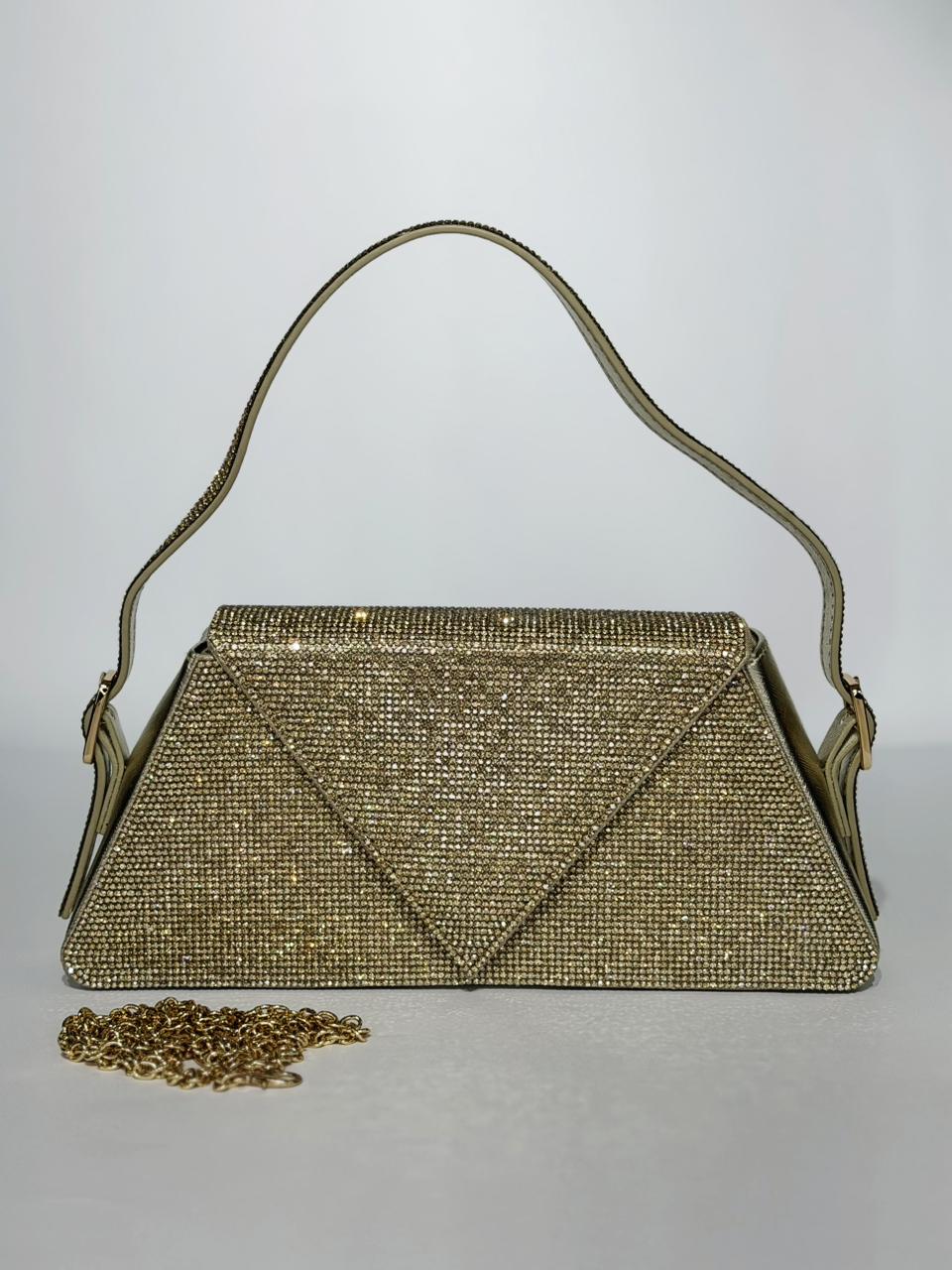 Reema Heavily Encrusted Bridal Crystal Handbag – Luxury Wedding Clutch with Chain in Gold & Silver