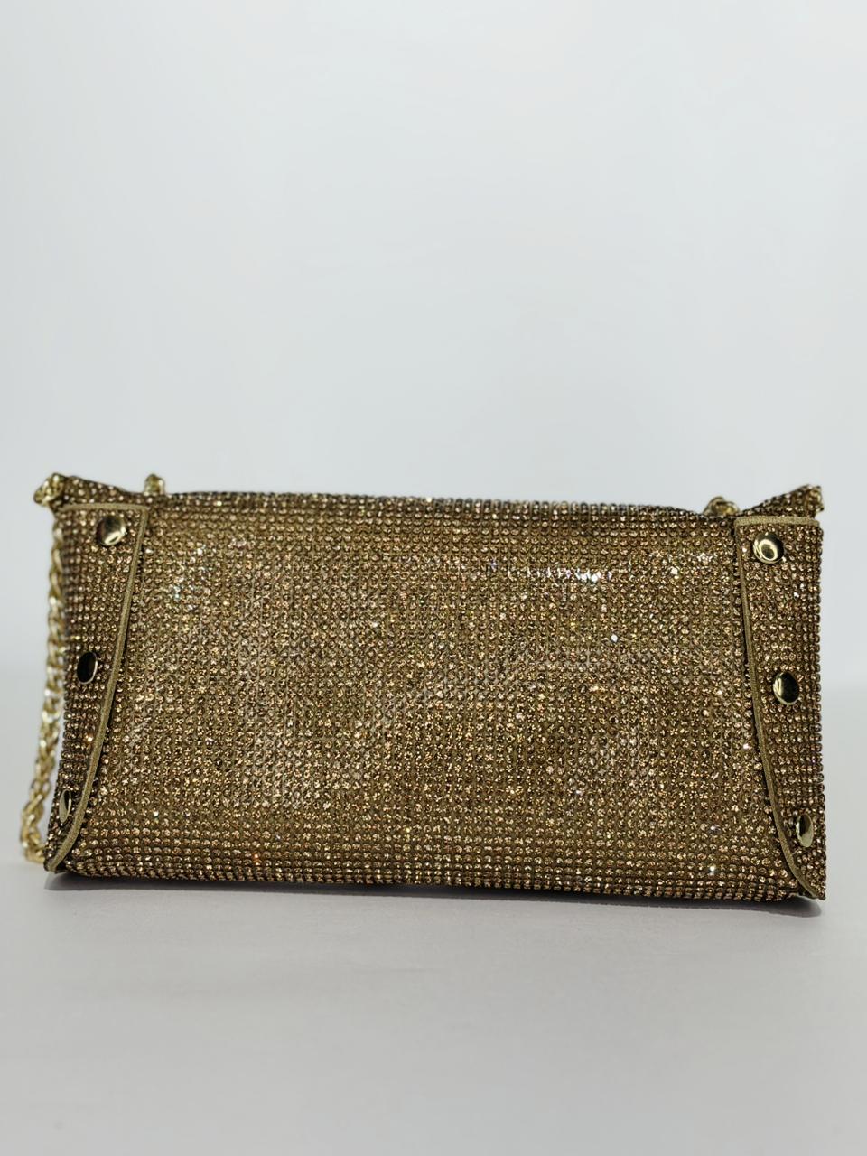 Rina Multi-Faceted Crystal Bridal Clutch – Luxury Triple-Tone Wedding Handbag in Gold, Silver & Rose Gold