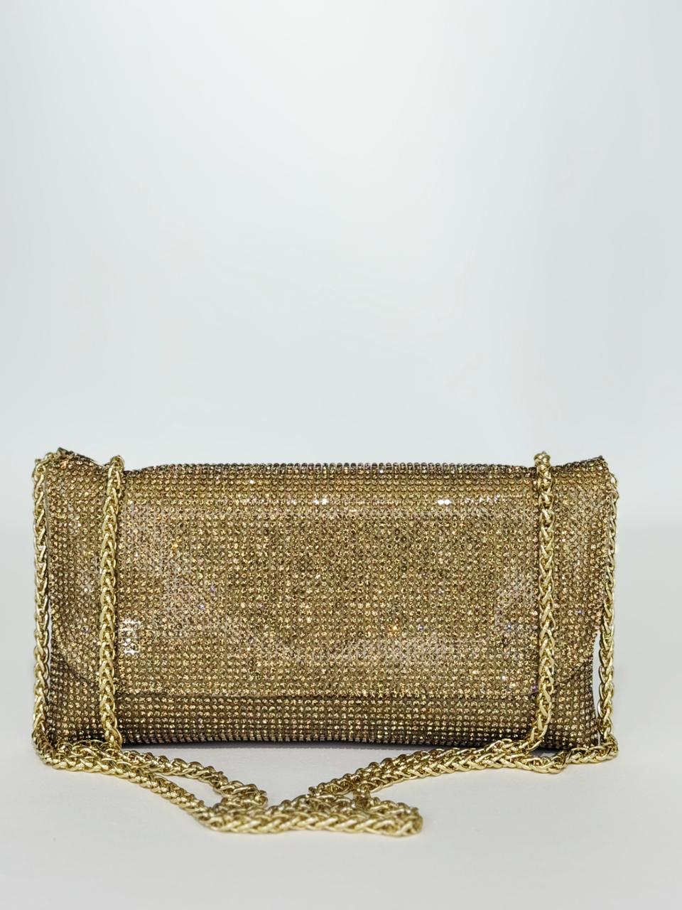 Rina Multi-Faceted Crystal Bridal Clutch – Luxury Triple-Tone Wedding Handbag in Gold, Silver & Rose Gold