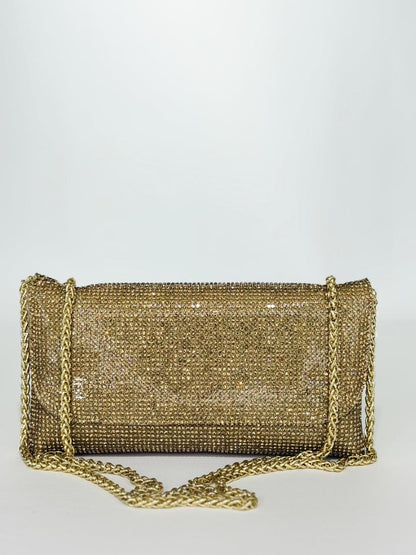 Rina Multi-Faceted Crystal Bridal Clutch – Luxury Triple-Tone Wedding Handbag in Gold, Silver & Rose Gold