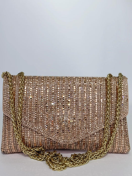 Eira Striped Crystal Envelope Clutch – Luxury Wedding Party Bag with Dual Chain (Rose Gold & Silver)