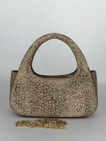Zaresh Heritage Bridal Crystal Handbag – Luxury Encrusted Wedding Clutch in Gold & Silver
