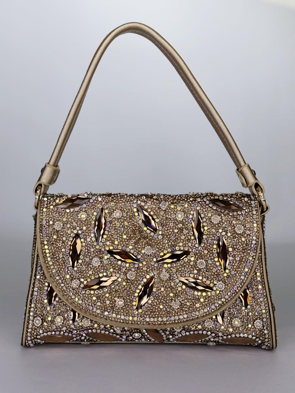 Noore Floral Crystal Bridal Handbag – Luxury Gemstone Wedding Clutch in Gold, Silver & Black