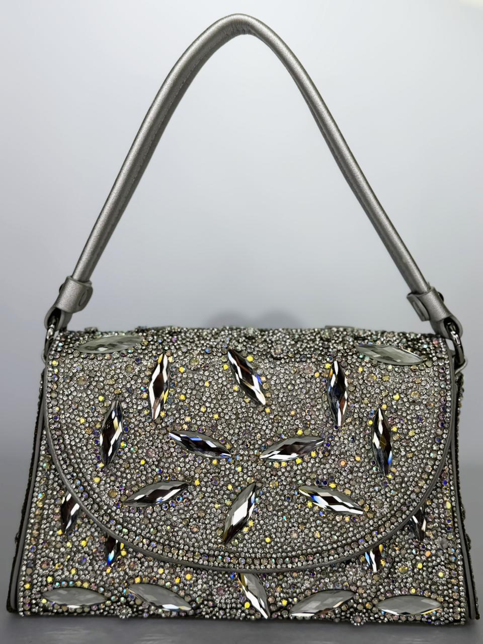 Noore Floral Crystal Bridal Handbag – Luxury Gemstone Wedding Clutch in Gold, Silver & Black