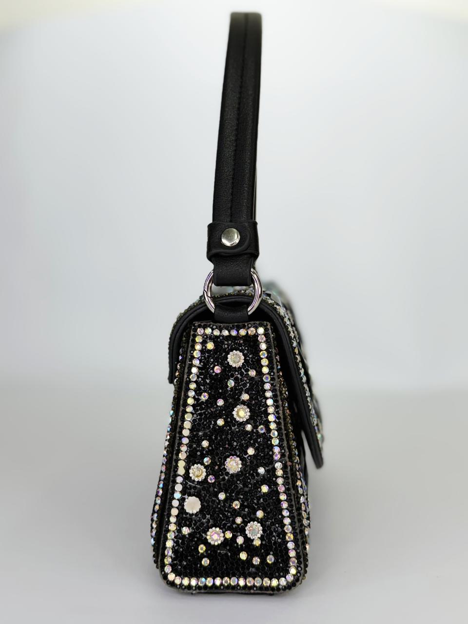 Noore Floral Crystal Bridal Handbag – Luxury Gemstone Wedding Clutch in Gold, Silver & Black