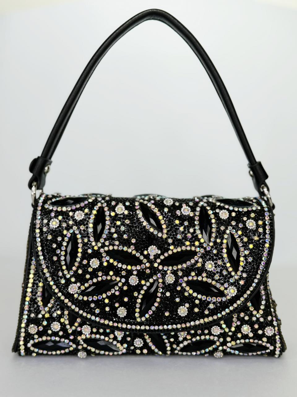 Noore Floral Crystal Bridal Handbag – Luxury Gemstone Wedding Clutch in Gold, Silver & Black