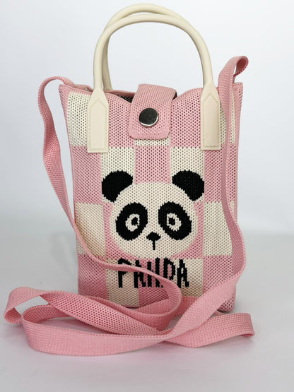 Panda Pop Checkered Knit Pouch – Casual Crossbody Mini Tote with Top Handles (Available in 4 Colors)