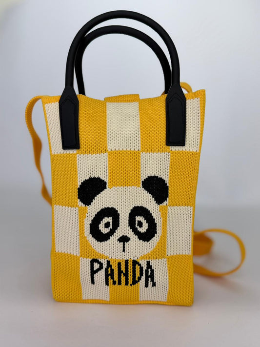 Panda Pop Checkered Knit Pouch – Casual Crossbody Mini Tote with Top Handles (Available in 4 Colors)