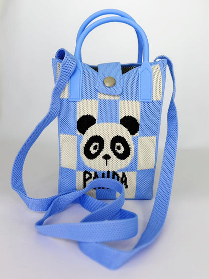 Panda Pop Checkered Knit Pouch – Casual Crossbody Mini Tote with Top Handles (Available in 4 Colors)