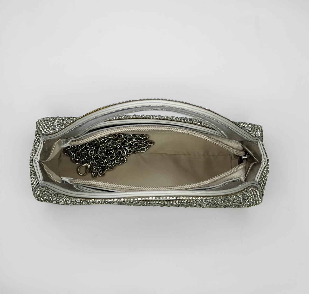 Zaresh Heritage Bridal Crystal Handbag – Luxury Encrusted Wedding Clutch in Gold & Silver
