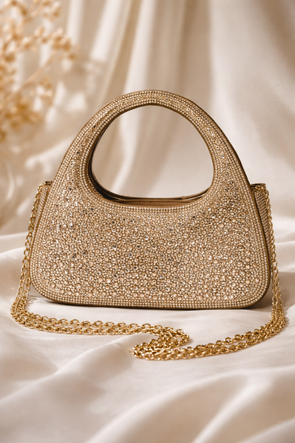 Zaresh Heritage Bridal Crystal Handbag – Luxury Encrusted Wedding Clutch in Gold & Silver