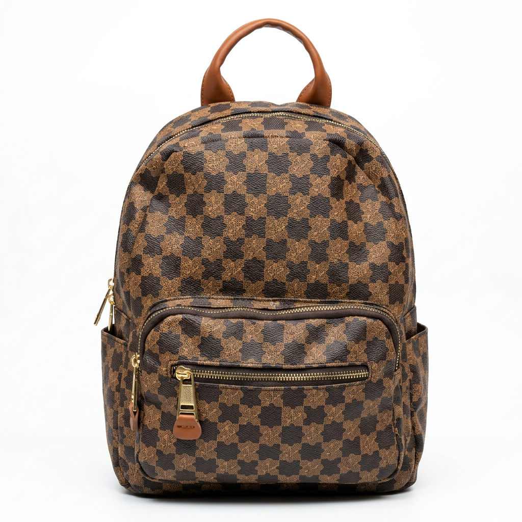 Checkered Zip Backpack in Brown — front view