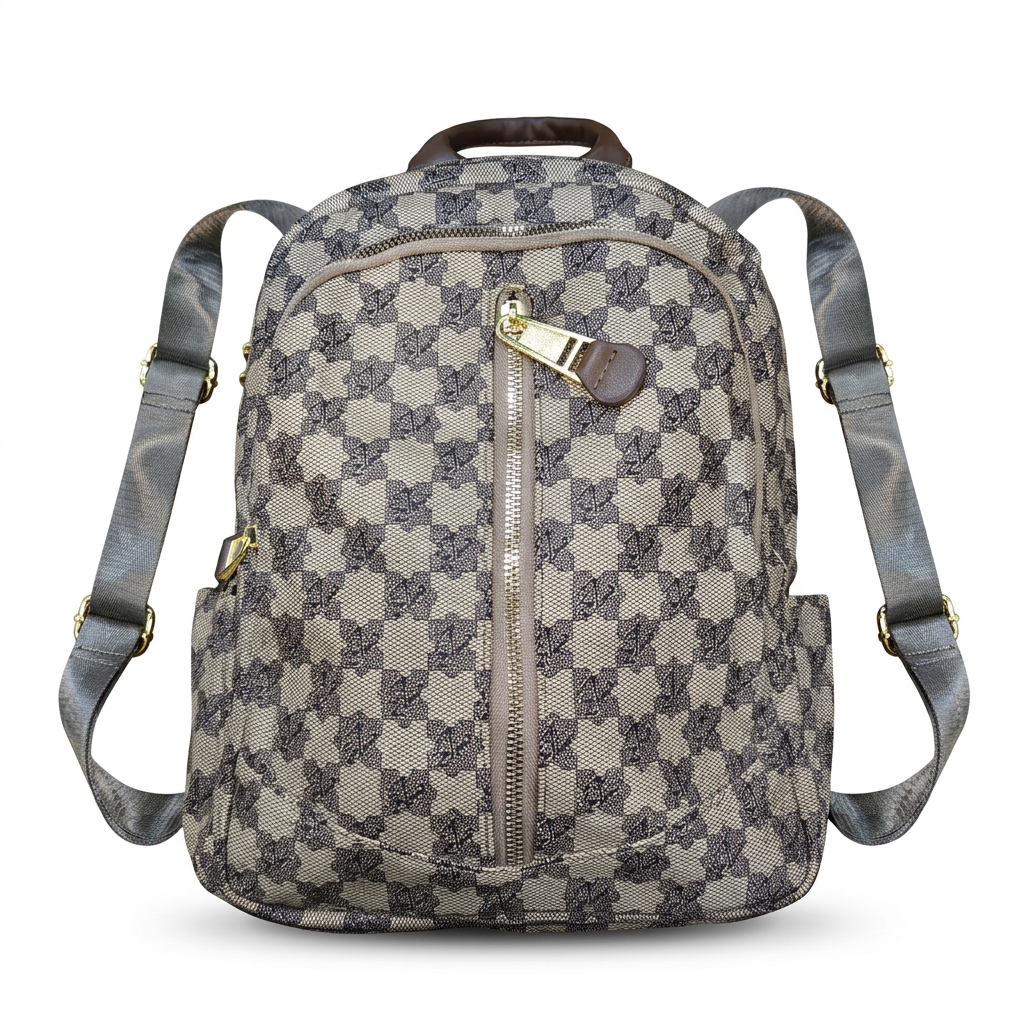 Checkered Zip Backpack in Grey — front view