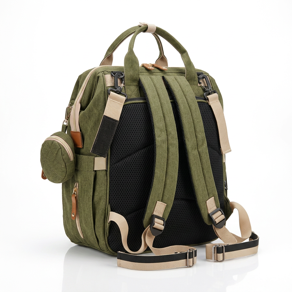 Diaper Backpack with Fold-Out Mat in Olive Green — back and straps