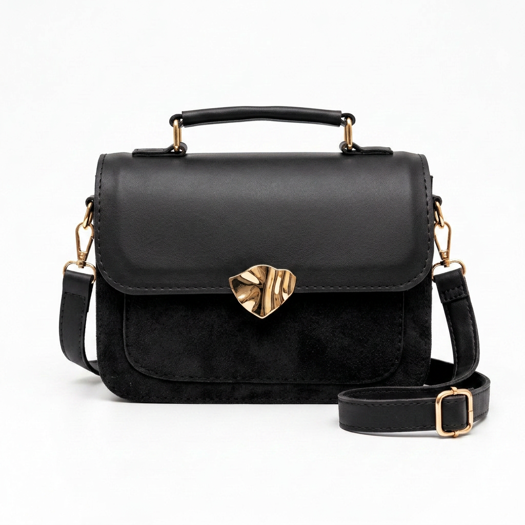 Faux-Suede Flap Satchel in Black — front view