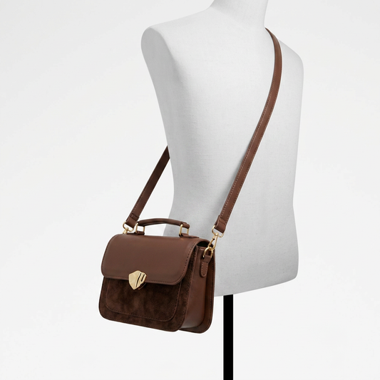 Faux-Suede Flap Satchel in Brown — crossbody fit