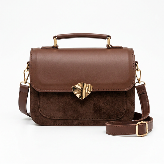 Faux-Suede Flap Satchel in Brown — front view