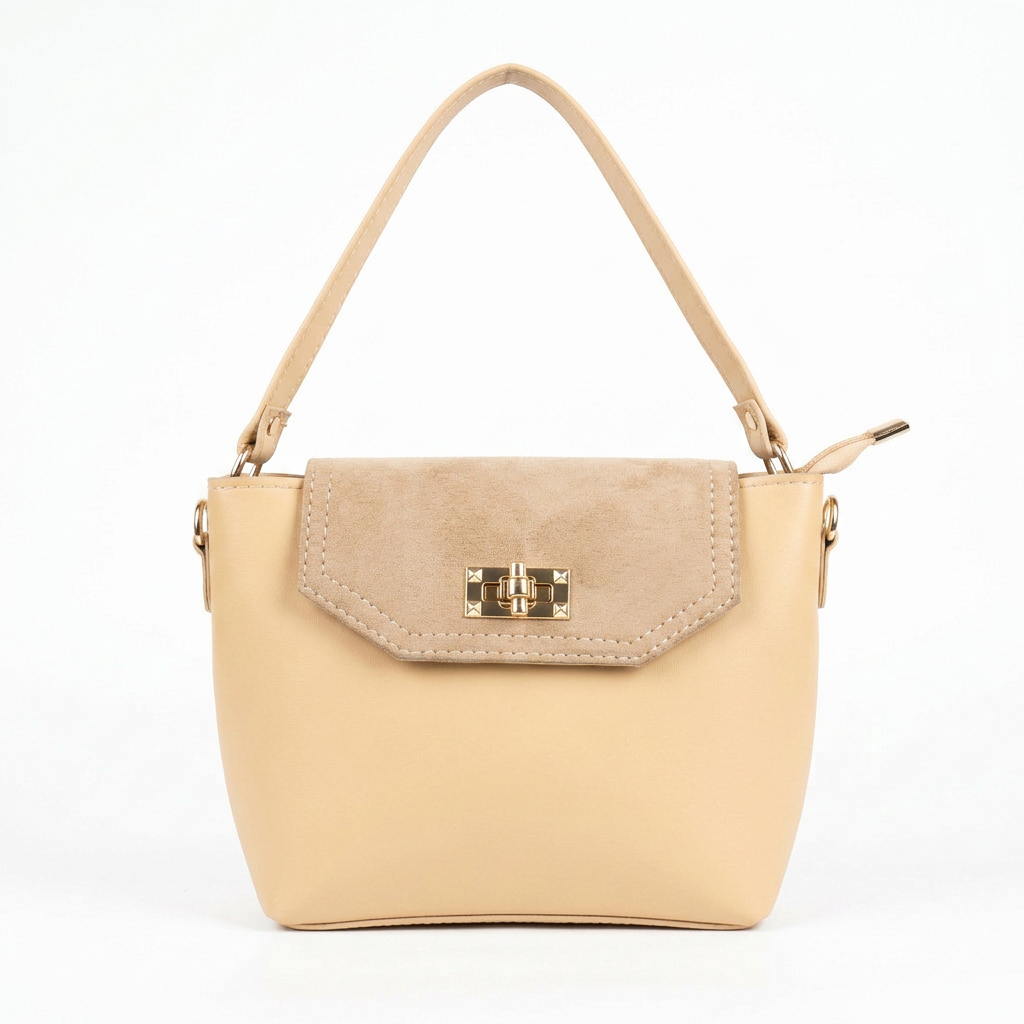 Faux-Suede Flap Shoulder Bag in Beige — front view