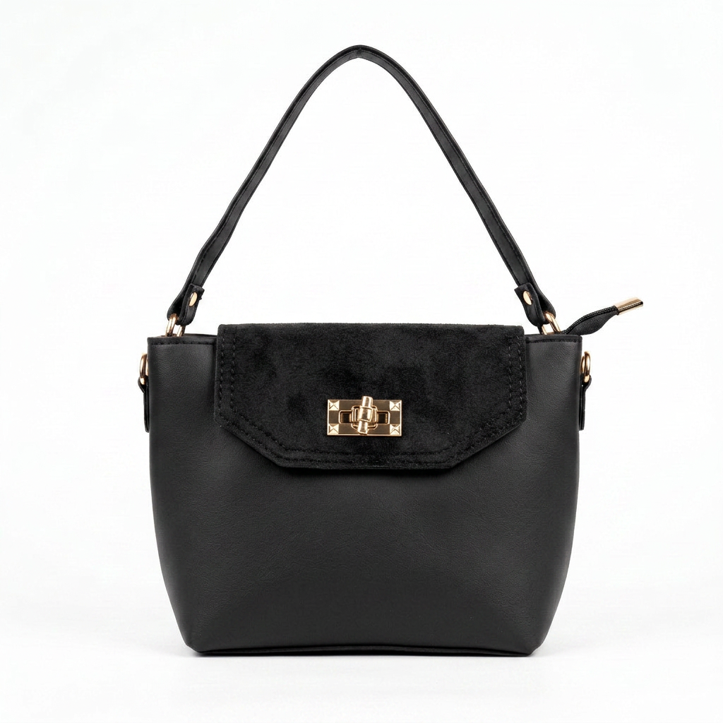 Faux-Suede Flap Shoulder Bag in Black — front view