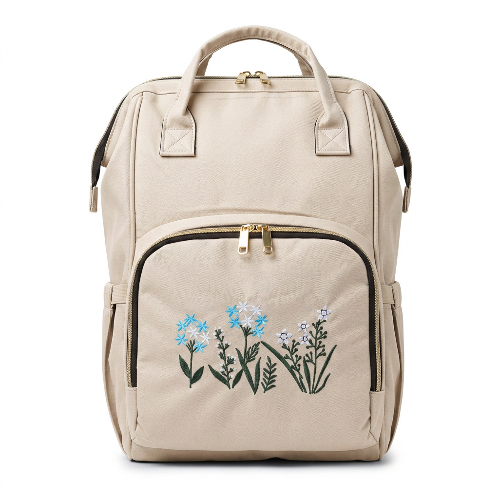 Floral Embroidered Backpack in Beige — front view