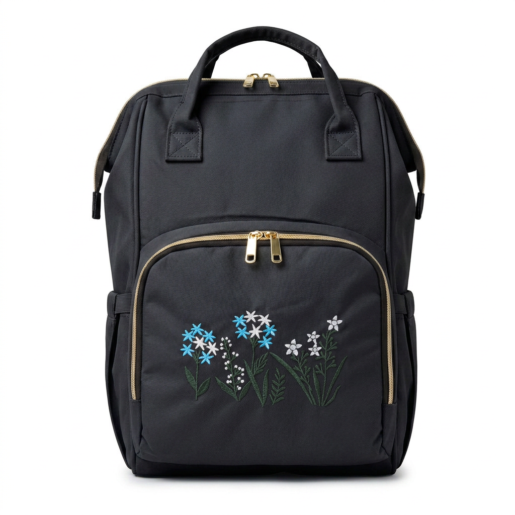 Floral Embroidered Backpack in Black — front view