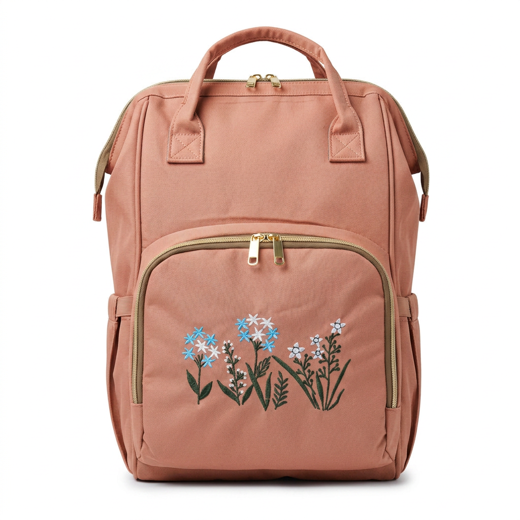 Floral Embroidered Backpack in Dusty Rose — front view