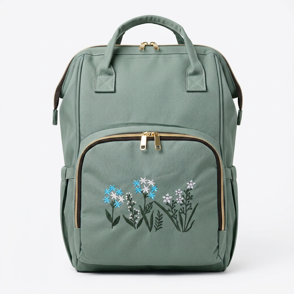 Floral Embroidered Backpack in Sage Green — front view