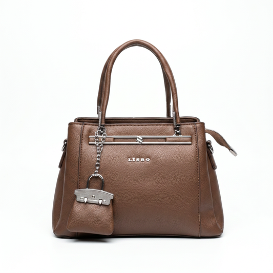 Lisbo Structured Tote Bag in Brown with twin handles and a hanging pouch charm