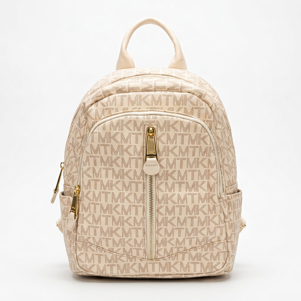 Monogram Zip Backpack in Cream — front view