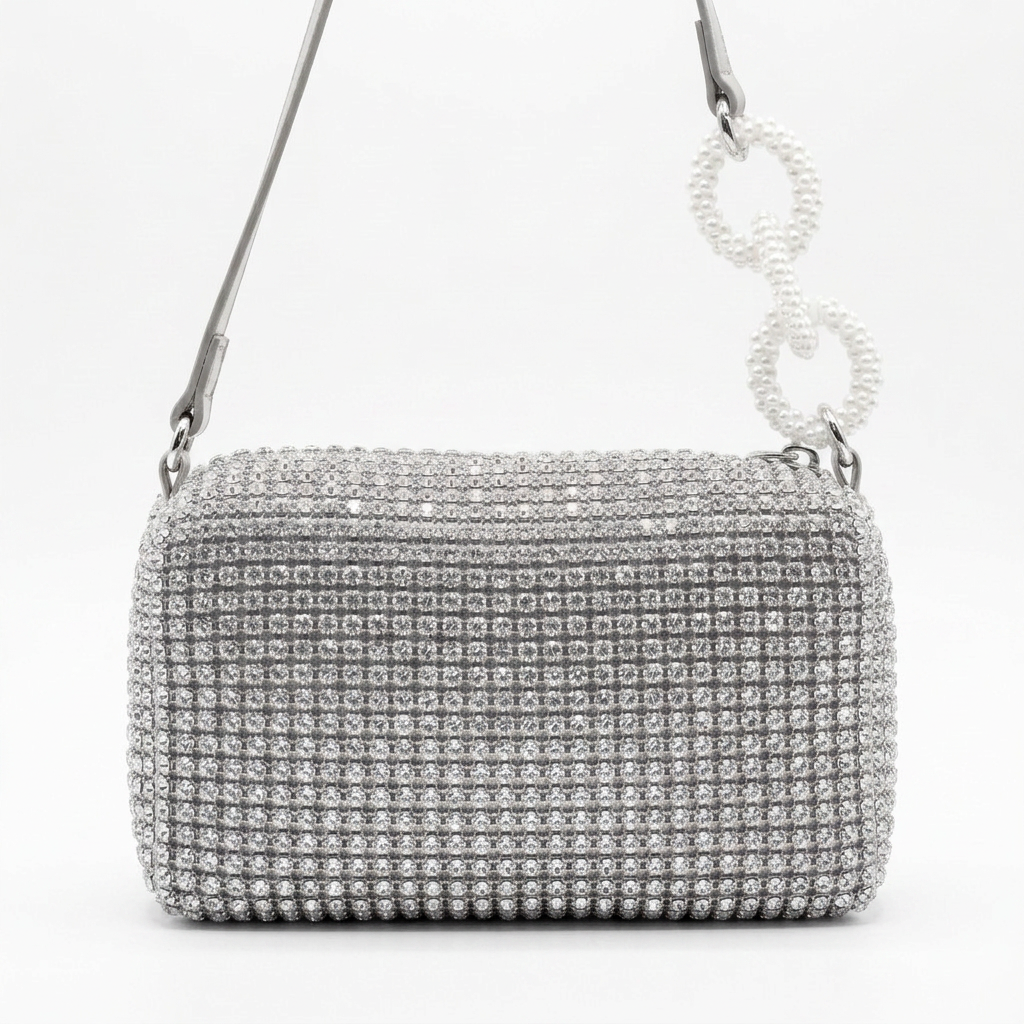 Pearl-Ring Rhinestone Shoulder Bag in Silver — front view