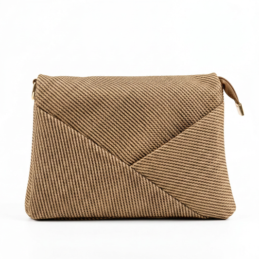 Woven Envelope Crossbody Bag in Camel Brown — front view